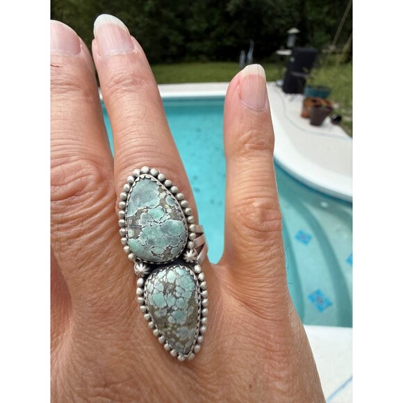 Artisan Starfox Varasite Turquoise Sterling Silver Double Stone Statement Ring